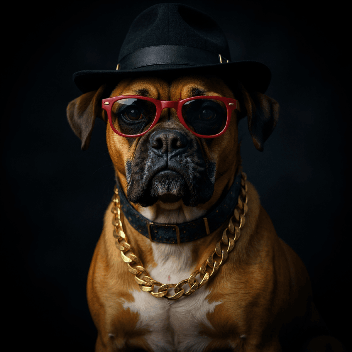 Boxer Gold Chain Glasses Hat Portrait - Dog portraits