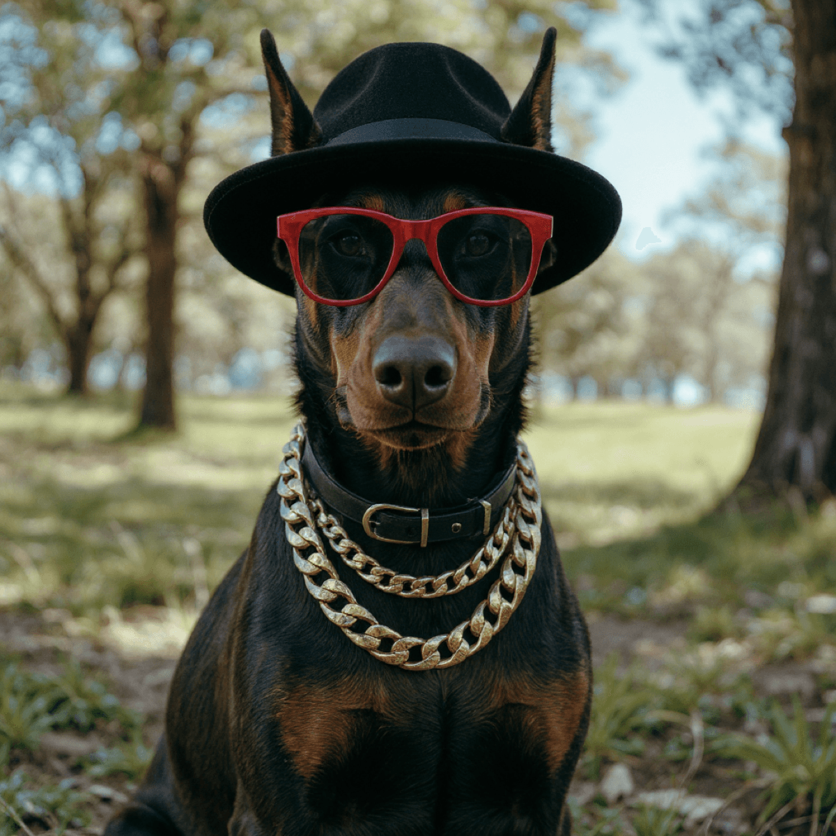 Doberman Pinscher Gold Chain Hat Glasses - Dog portraits