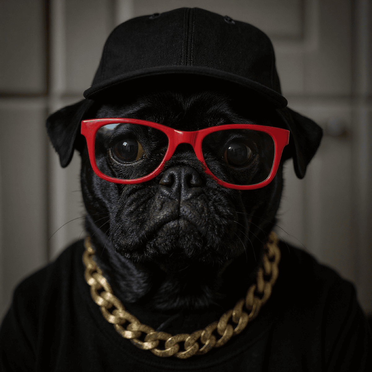 Pug Gold Chain Hat Glasses - Dog portraits